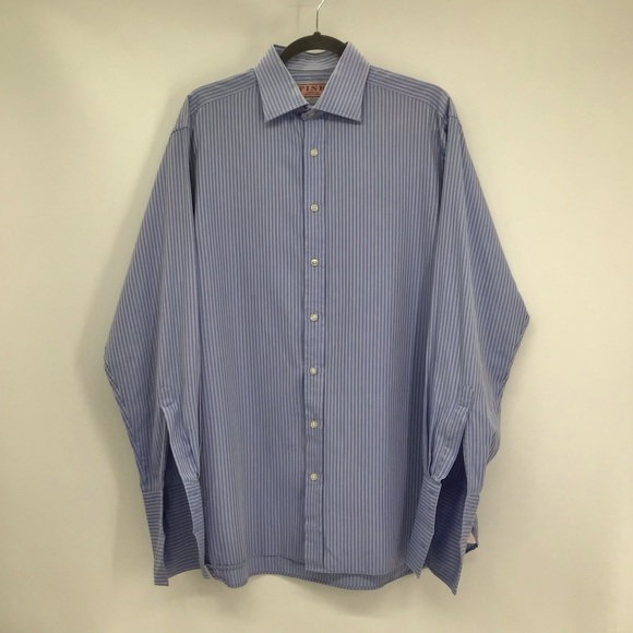 PINK Thomas Pink Prestige Striped Shirt Button Barrel Cuff Blue Size 16/34 - Picture 1 of 8